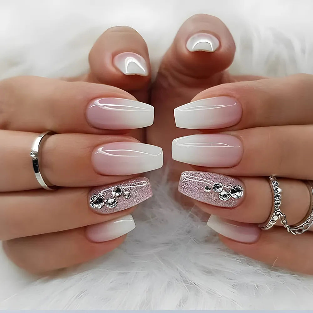 Glossy Glitter Press-On Nails with Rhinestones